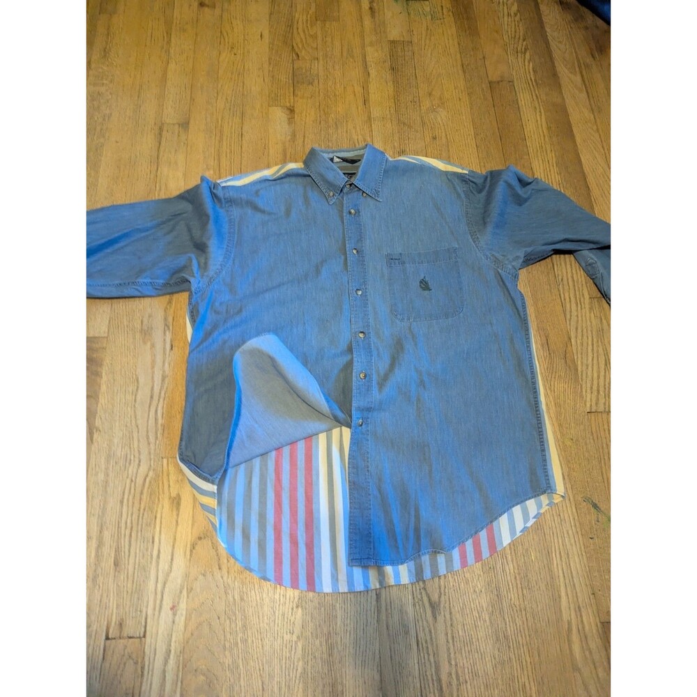 Vtg 90s Nautica Denim Shirt Striped Back Long Sleeve Button Up L Large Chambray